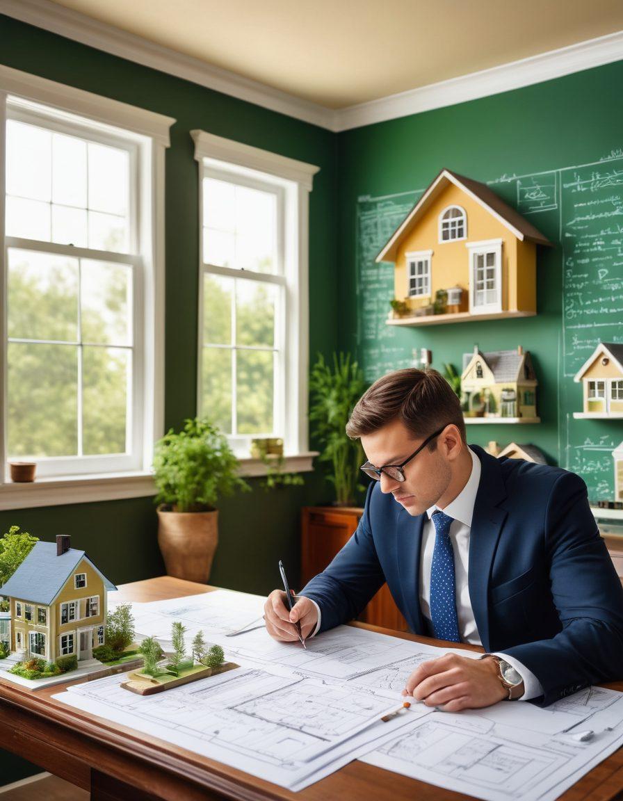 A contemplative person studying blueprints and documents of houses, surrounded by miniatures of homes representing investment strategies. In the background, a chalkboard filled with diagrams and notes on real estate concepts. Lush greenery outside a window symbolizes growth and opportunity. A warm, inviting atmosphere emphasizing knowledge and learning. super-realistic. vibrant colors. light-filled space.