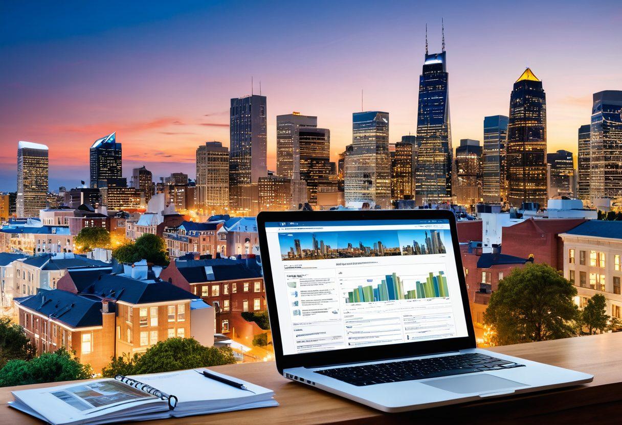 A panoramic view of a bustling city skyline with various types of residential and commercial buildings, showcasing diverse architecture. In the foreground, a modern laptop open to a real estate website, surrounded by charts and property brochures. The scene is bustling with people interacting and discussing, symbolizing market trends. A bright sky enhances the atmosphere of opportunity and growth. super-realistic. vibrant colors. dynamic composition.