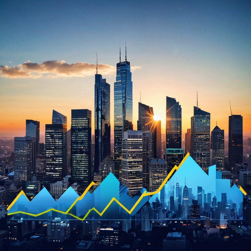 A visually captivating collage of a bustling city skyline with modern skyscrapers, overlaid with graphical elements of real estate statistics such as upward trending graphs and house icons. The background features a clear blue sky with a sunrise, symbolizing new opportunities. Include central elements like a magnifying glass focusing on a house, representing insight and discovery. The color scheme should be vibrant to attract attention, combining greens, blues, and warm hues. super-realistic. vibrant colors.